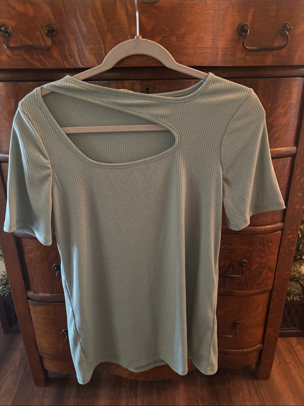 Asymmetrical Cutout Ribbed Short Sleeve Tee - Sage Green